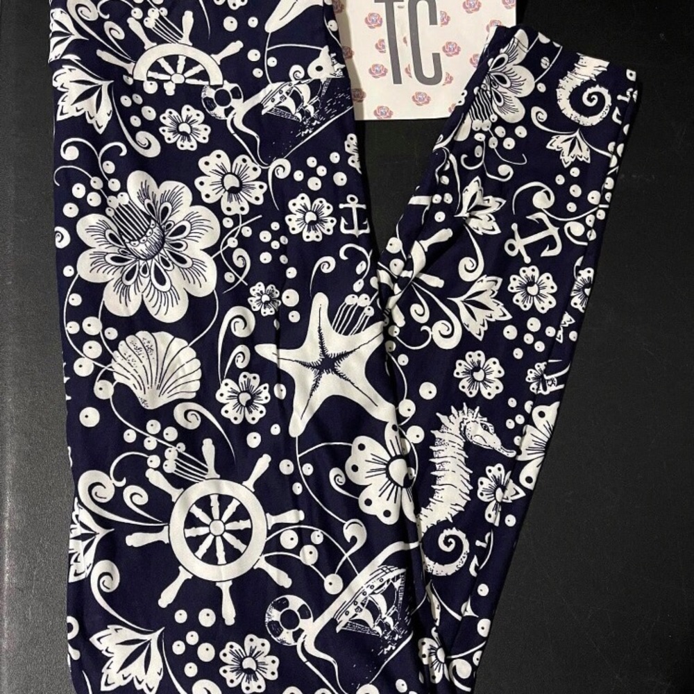 Lularoe TC Leggings OCEAN STARFISH ANCHOR SEAHORSE NAUTICAL SHIP IN BOTTLE